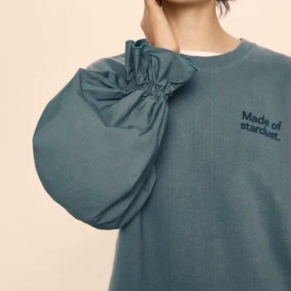 Zara puffed sleeve Made of Stardust teal blue combination sweatshirt NWOT M - Picture 1 of 13